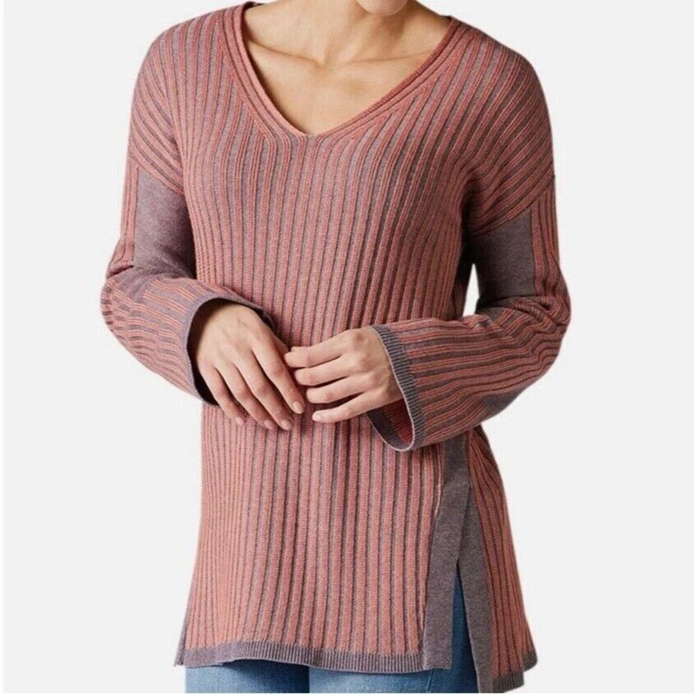 Smartwool Size Medium Shadow Pine V-Neck Rib Pullover Sweater Copper & Gray Wool